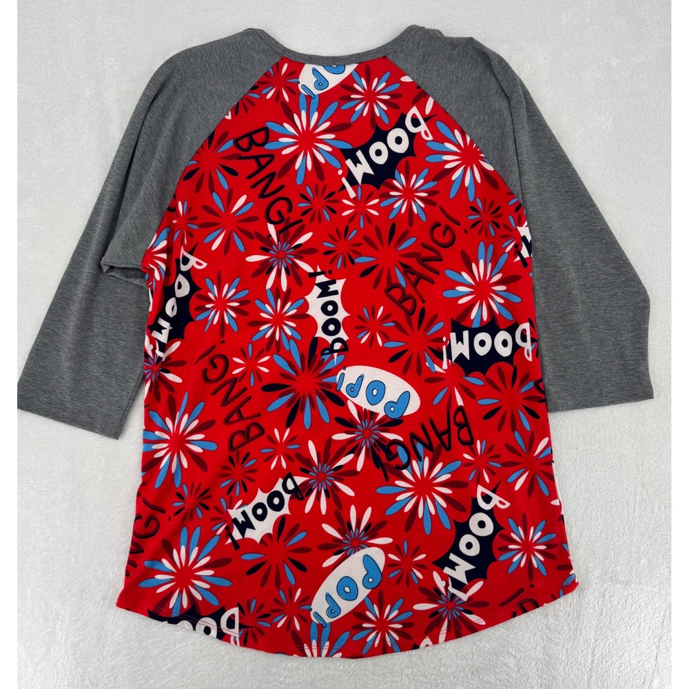LuLaRoe 4th of July Baseball Tee XL Red Comic Pop Boom Raglan 3/4 Sleeve Shirt - Picture 4 of 6